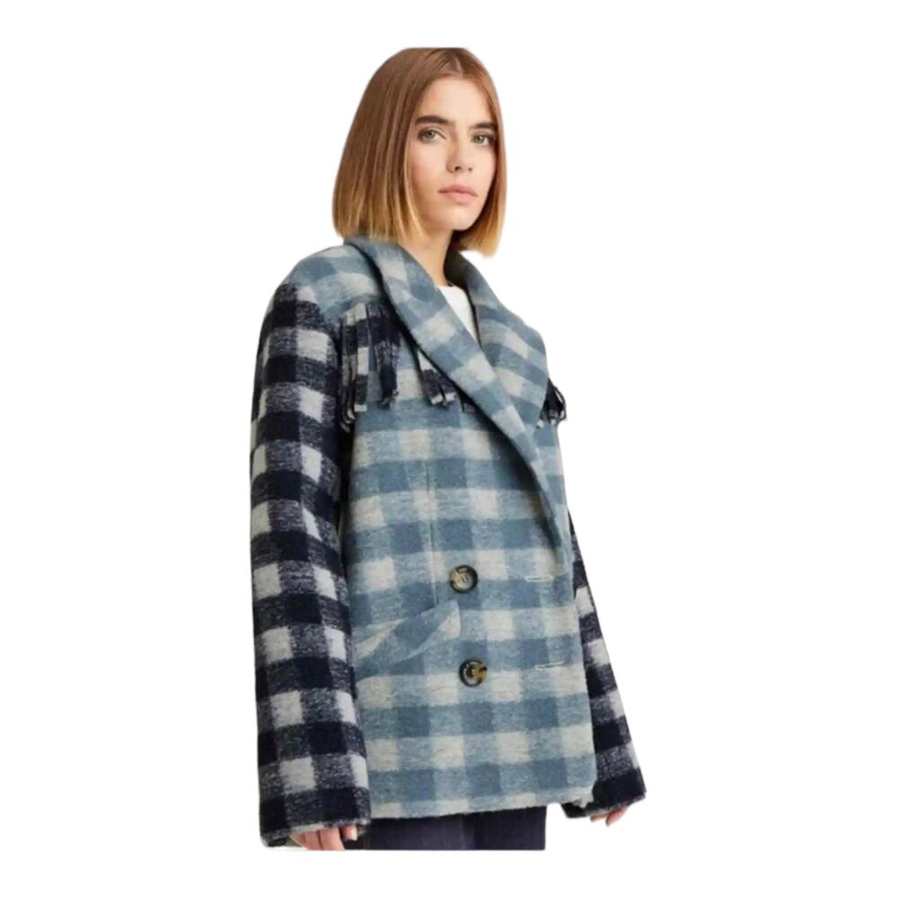 CINQ a SEPT Alix Coat Jacket Plaid Shacket Fringe Trim Steel Blue Multi SM NWT